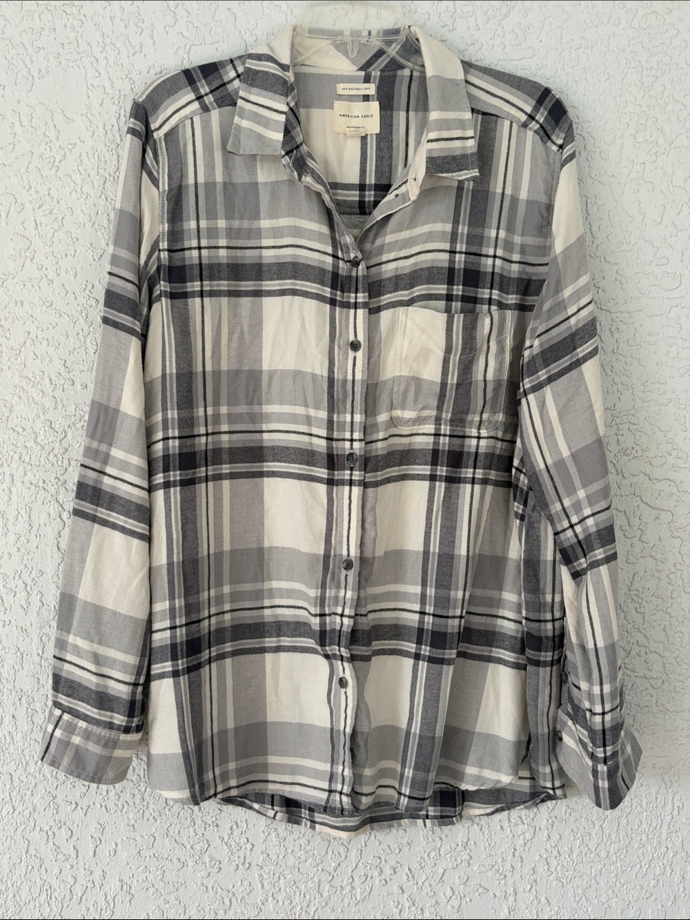 American Eagle Gray & White Plaid Relaxed Button-Down Shirt boyfriend fit XL